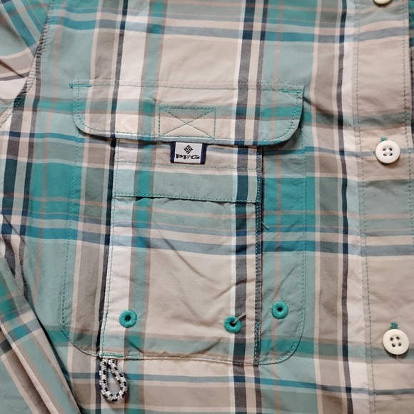 Columbia PFG Shirt Mens L Green Tan Plaid Super Bahama Omni Shade Long Sleeve - Picture 6 of 13